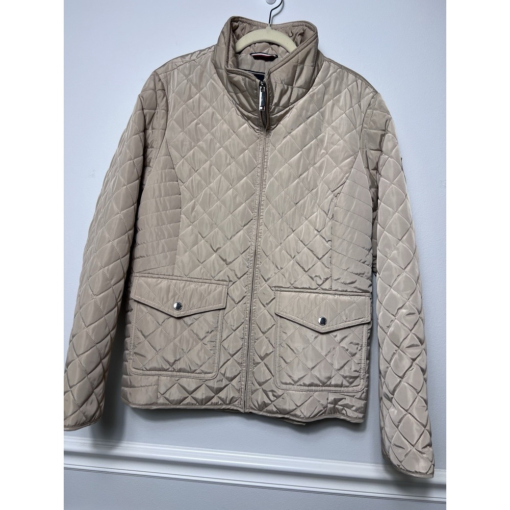 Tommy Hilfiger Women's Quilted Puffer Zip Jacket Beige (M) Stand Collar Heritage